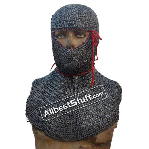 13th Century Hood Flat Riveted Solid Ring Chainmail Coif