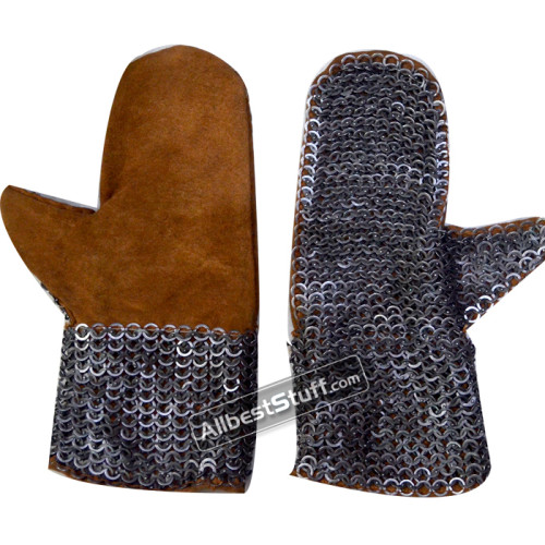 Flat Riveted Solid Ring Leather Chain Mail Mittens